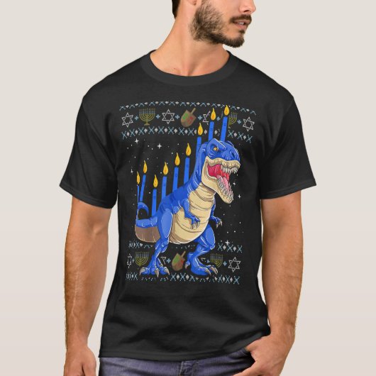 Fun Ugly Hanukkah Sweater Menorasaurus Rex Dinosau T-shirt (Voorkant)