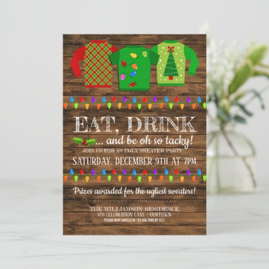 Fun Ugly kerst Sweater Party Invitation Kaart (Staand voorkant)