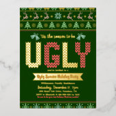 Fun Ugly Sweater kerstfeestay Party Real Gold Folie Uitnodiging Briefkaart (Voorkant)