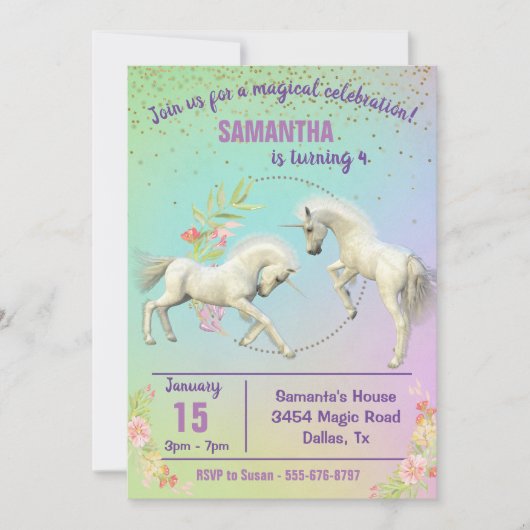 Fun Unicorn Foals Rainbow Fantasy Gold Confetti Kaart (Voorkant)