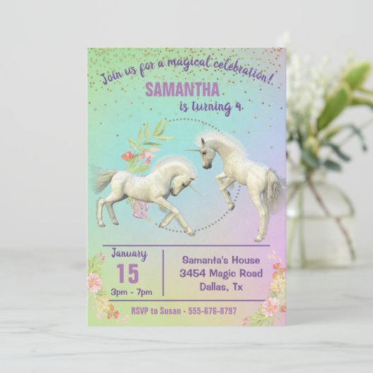 Fun Unicorn Foals Rainbow Fantasy Gold Confetti Kaart (Staand voorkant)