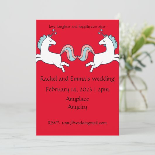 Fun Unicorn trouwuitnodiging.  Kaart (Staand voorkant)