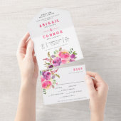 Fun Vibrant Violet Fuchsia Floral All In One Uitnodiging (Afscheurbaar)
