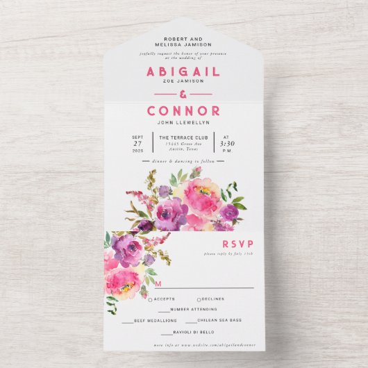 Fun Vibrant Violet Fuchsia Floral All In One Uitnodiging (Binnen)