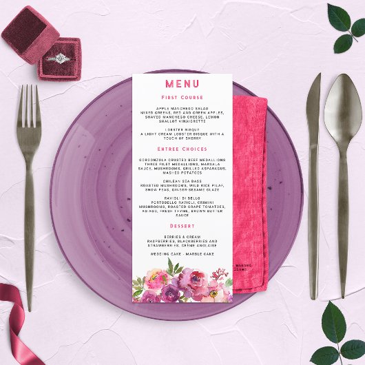 Fun Vibrant Violet Fuchsia Floral Menu