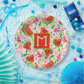 Fun Watermeloen en Bloemenpatroon Monogram Papieren Bordje (Feest)