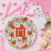 Fun Watermeloen en Bloemenpatroon Monogram Papieren Bordje (Feest)