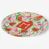 Fun Watermeloen en Bloemenpatroon Monogram Papieren Bordje (Gekanteld)