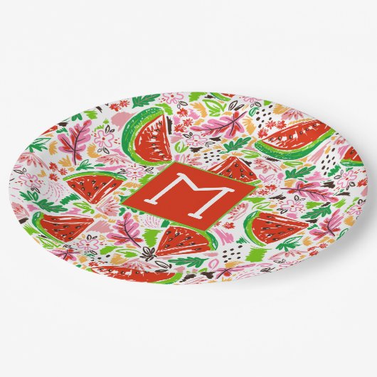 Fun Watermeloen en Bloemenpatroon Monogram Papieren Bordje (Gekanteld)