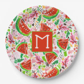 Fun Watermeloen en Bloemenpatroon Monogram Papieren Bordje (Voorkant)