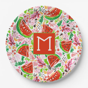 Fun Watermeloen en Bloemenpatroon Monogram Papieren Bordje
