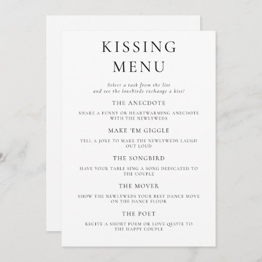Fun Wedding Kissing Menu Activiteit Spel Kaart (Voorkant / Achterkant)