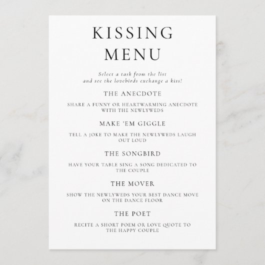 Fun Wedding Kissing Menu Activiteit Spel Kaart (Voorkant)