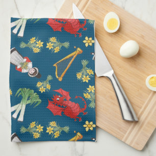 Fun Welsh Emblemen op Blue Kitchen Towel, Tea Towe Theedoek