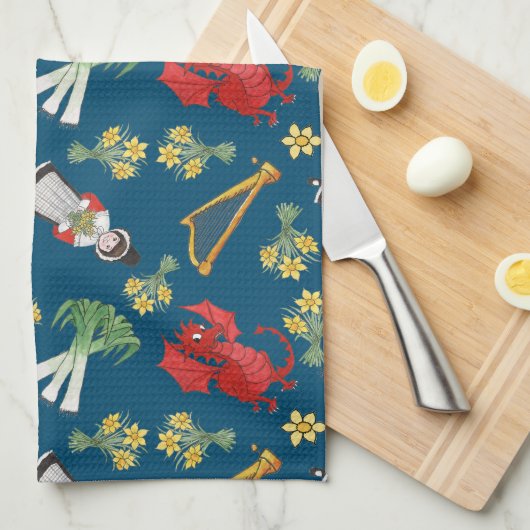 Fun Welsh Emblemen op Blue Kitchen Towel, Tea Towe Theedoek (Quarter Fold)