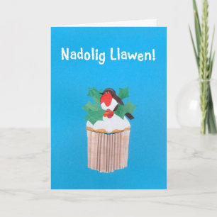 Fun Welsh Kerstmis Kaart, Cupcake met Robin Feestdagen Kaart