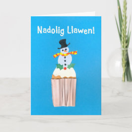 Fun Welsh Kerstmis Kaart, Cupcake met Snowman Feestdagen Kaart