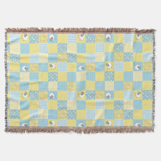 Fun Welsh Sheep Faux Patchwork Blue Gingham Deken (Voorkant)