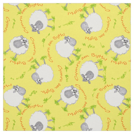 Fun Welsh Sheep on Yellow Pattern Custom Fabric Stof (Swatch)