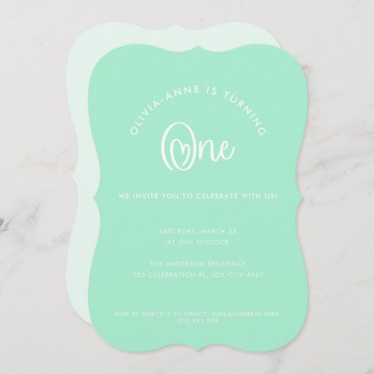 Fun Whimsical Mint Heart Script First Birthday Kaart (Voorkant / Achterkant)