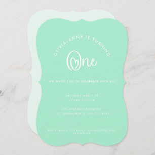 Fun Whimsical Mint Heart Script First Birthday Kaart