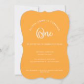 Fun Whimsical Oranje Heart Script First Birthday Kaart (Voorkant)