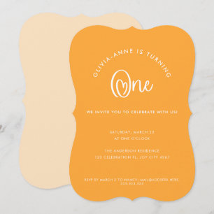 Fun Whimsical Oranje Heart Script First Birthday Kaart