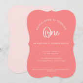 Fun Whimsical Pink Heart Script First Birthday Kaart (Voorkant / Achterkant)