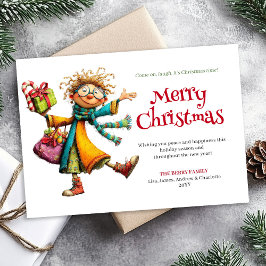 Fun Whimsical Woman Personalized Christmas Card Feestdagenkaart
