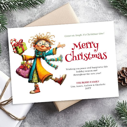 Fun Whimsical Woman Personalized Christmas Card Feestdagenkaart