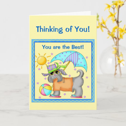 Fun Whimsy Beach Dog Yellow Thinking of You Kaart (Gele Bloem)