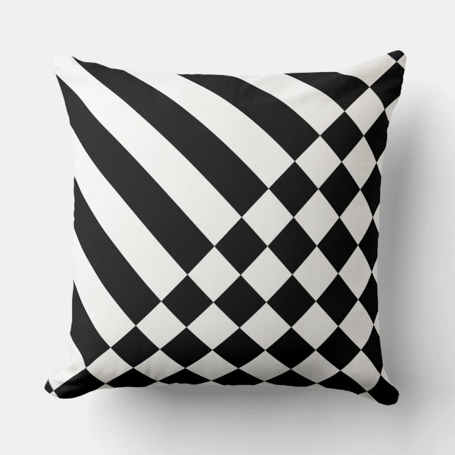Fun White Geometric Stripes & Checker Black Kussen (Voorkant)