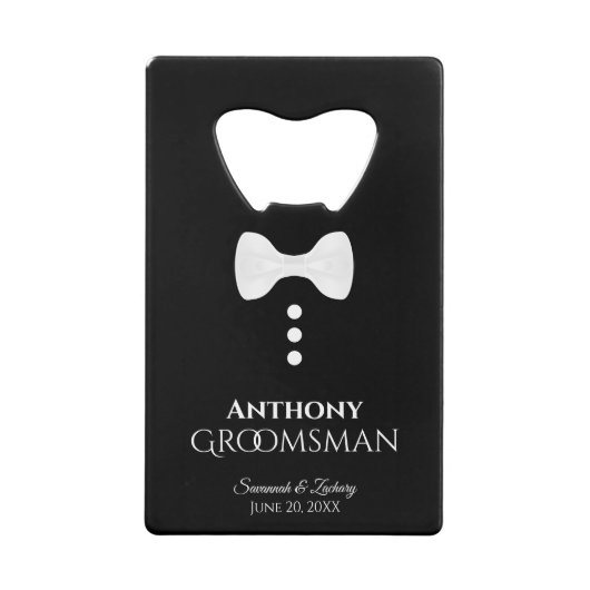 Fun White Stropdas Tuxedo Groomsman Weddenschap Creditkaart Flessenopener (Voorkant)