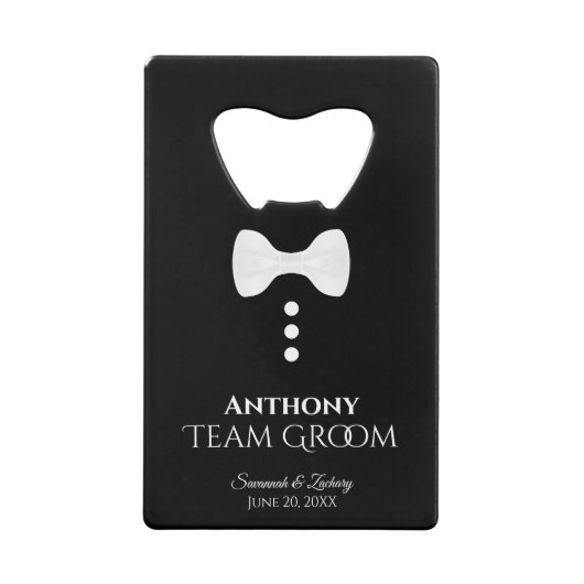 Fun White Stropdas Tuxedo Team Groom Weddenschap Creditkaart Flessenopener (Voorkant)
