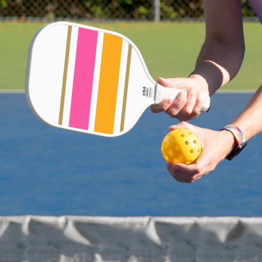 Fun Wide Helder Roze Gouden Gele Racing Stripes Pickleball Paddle (Insitu)