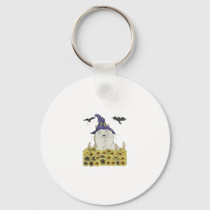 Fun witte kat in heksenhoed vintage Halloween zon Sleutelhanger