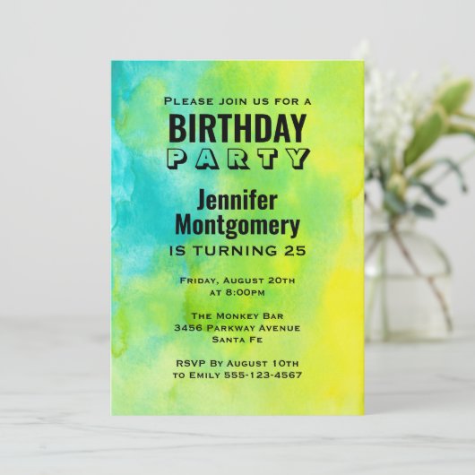 Fun Yellow and Blue Waterverf Abstracte verjaardag Kaart (Staand voorkant)