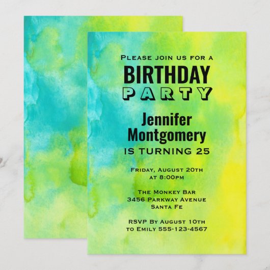 Fun Yellow and Blue Waterverf Abstracte verjaardag Kaart (Voorkant / Achterkant)