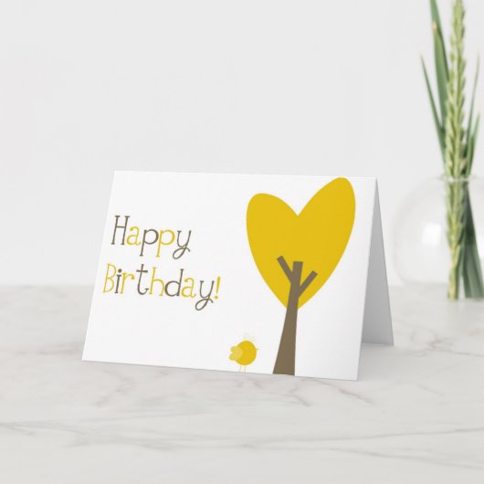 Fun Yellow Bird en Tree Heart Happy Birthday Kaart (Voorkant)