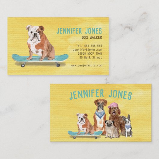 Fun Yellow Dog Walker Visitekaartje (Voorkant / Achterkant)