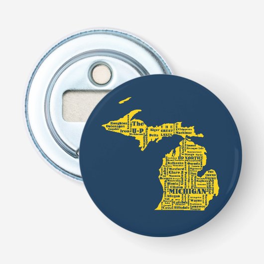 Fun Yellow en Navy Blue State of Michigan steden Button Flesopener (Voorkant)