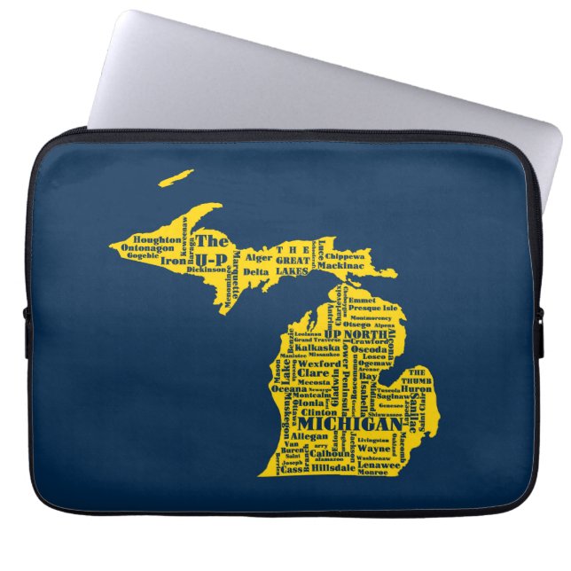 Fun Yellow en Navy Blue State of Michigan steden Laptop Sleeve (Voorkant)