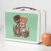 Fun Yellow Lady Cat geeft ratten aan maanbruin kat (In situ)