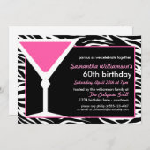 Fun Zebra Roze 60th Birthday Invitations Kaart (Voorkant / Achterkant)