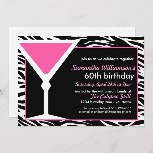 Fun Zebra Roze 60th Birthday Invitations Kaart (Voorkant / Achterkant)