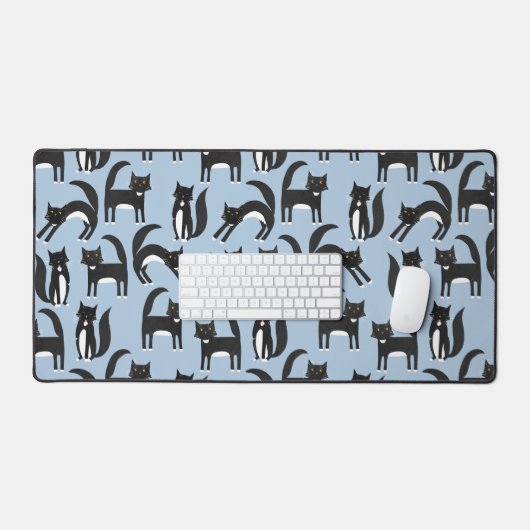 Fun Zwart-wit Tuxedo Cat Patroon Blauw Bureaumat (Keyboard & Muis)