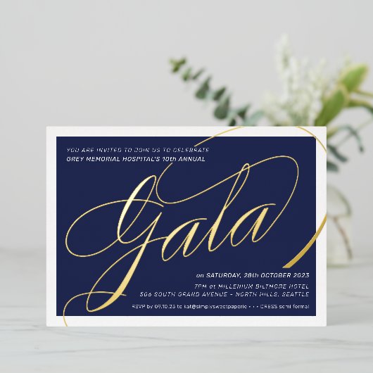 FUNCTIONEREN VAN GALA elegant calligraphy navy gol Folie Uitnodiging (Staand Voorkant)