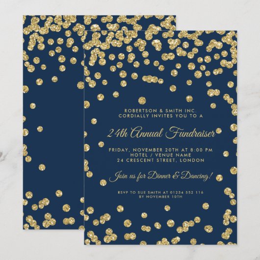 Fundraiser Dinner Gold Confetti Navy Blu Kaart (Voorkant / Achterkant)