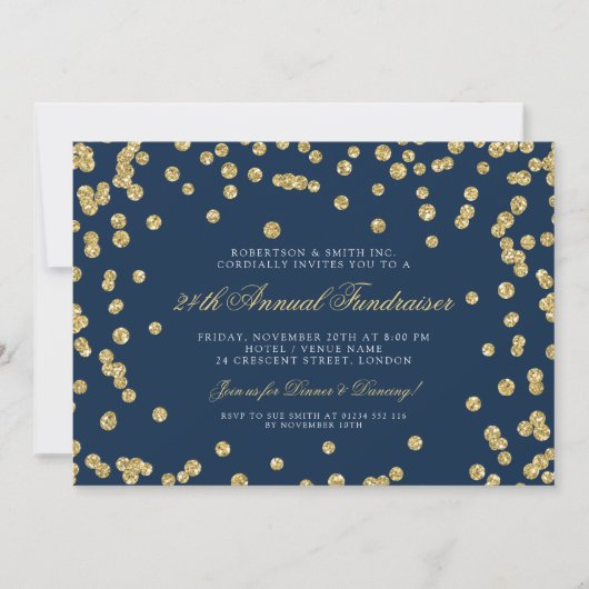 Fundraiser Dinner Gold Confetti Navy Blu Kaart (Voorkant)