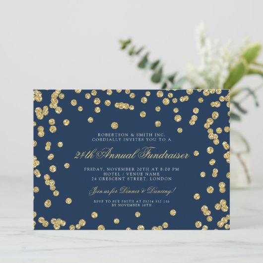 Fundraiser Dinner Gold Confetti Navy Blu Kaart (Staand voorkant)